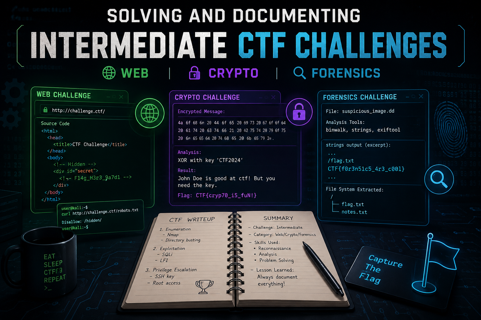 Solving and Documenting Intermediate CTF Challenges (Web, Crypto, Forensics)